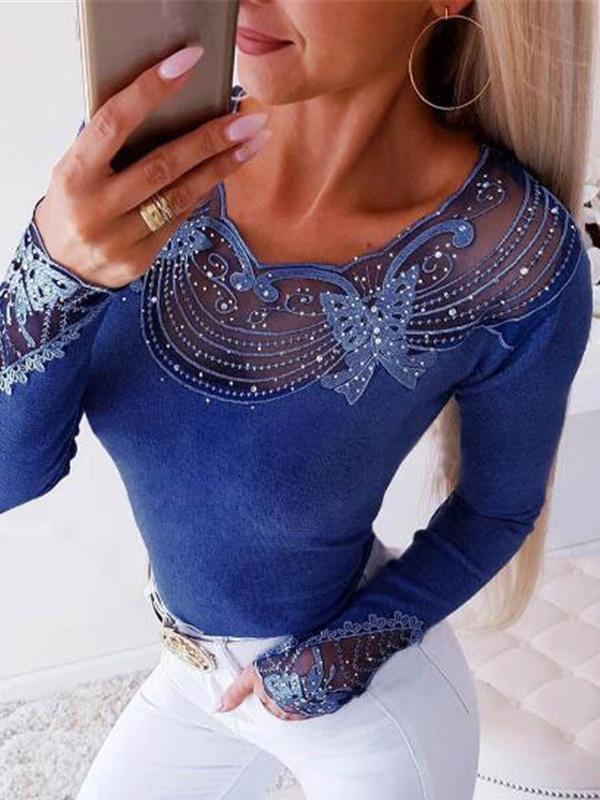 Women's T-Shirts Lace Hot Beads Slim Long Sleeve T-Shirts - T-Shirts - INS | Online Fashion Free Shipping Clothing, Dresses, Tops, Shoes - 20-30 - 22/09/2021 - color-black