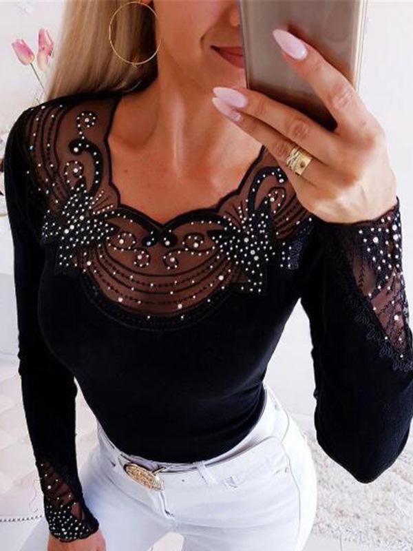 Women's T-Shirts Lace Hot Beads Slim Long Sleeve T-Shirts - T-Shirts - INS | Online Fashion Free Shipping Clothing, Dresses, Tops, Shoes - 20-30 - 22/09/2021 - color-black