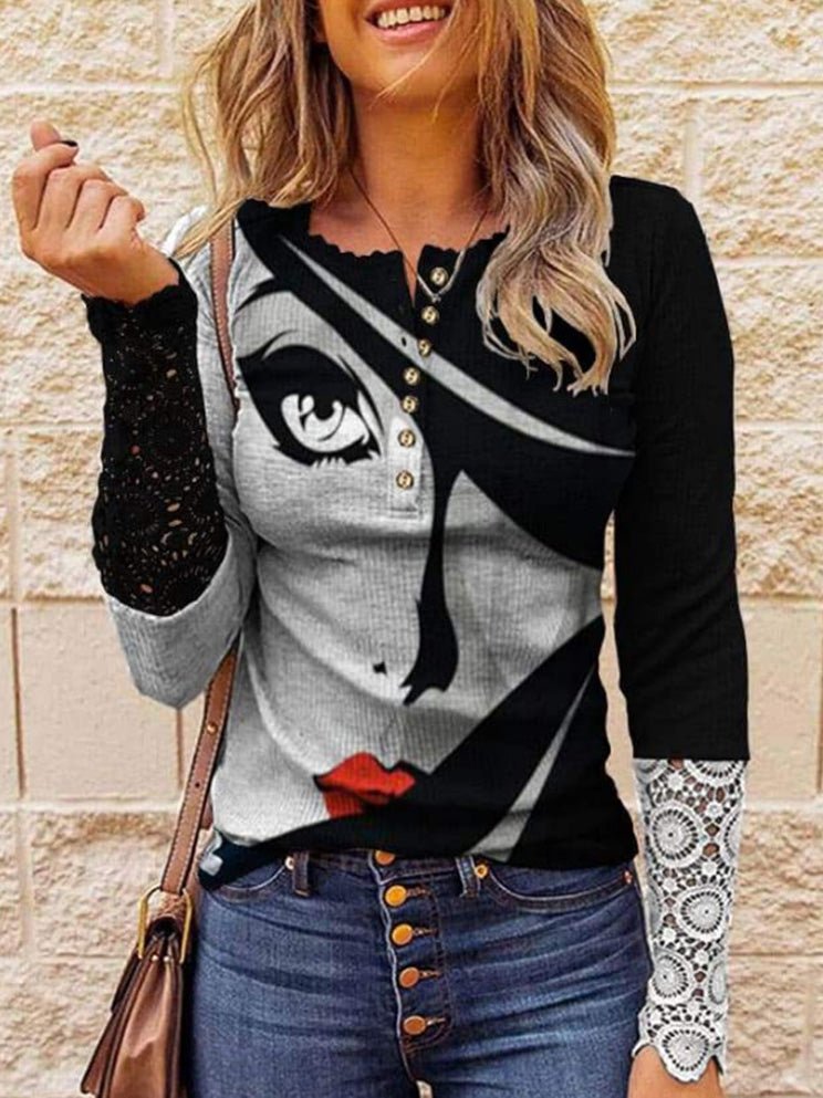 Women's T-Shirts Lace Print Button Crew Neck Long Sleeve T-Shirt - T-Shirts - Instastyled | Online Fashion Free Shipping Clothing, Dresses, Tops, Shoes - 25/02/2022 - 30-40 - color-black