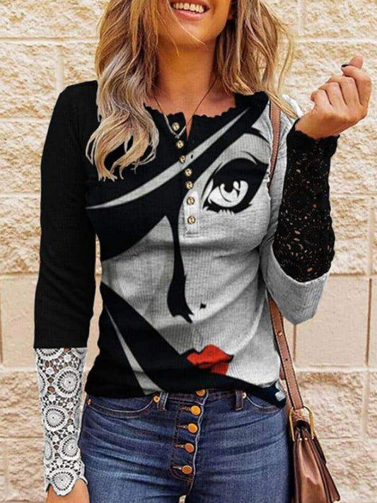 Women's T-Shirts Lace Print Button Crew Neck Long Sleeve T-Shirt - T-Shirts - Instastyled | Online Fashion Free Shipping Clothing, Dresses, Tops, Shoes - 25/02/2022 - 30-40 - color-black