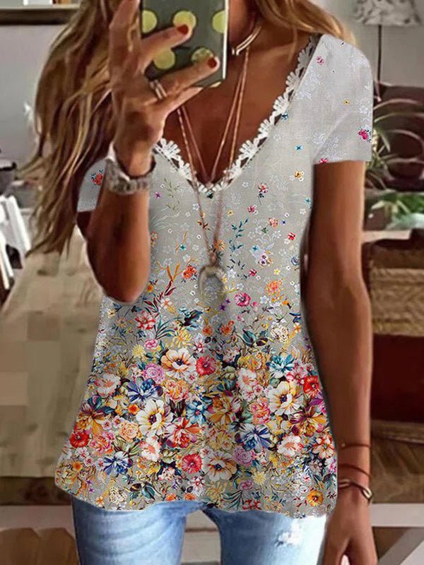 Women's T-Shirts Lace Print V-Neck Short Sleeve T-Shirt - T-Shirts - Instastyled | Online Fashion Free Shipping Clothing, Dresses, Tops, Shoes - 20-30 - 28/02/2022 - color-black