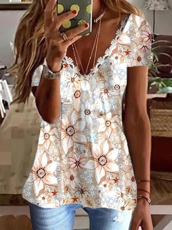 Women's T-Shirts Lace Print V-Neck Short Sleeve T-Shirt - T-Shirts - Instastyled | Online Fashion Free Shipping Clothing, Dresses, Tops, Shoes - 20-30 - 28/02/2022 - color-black