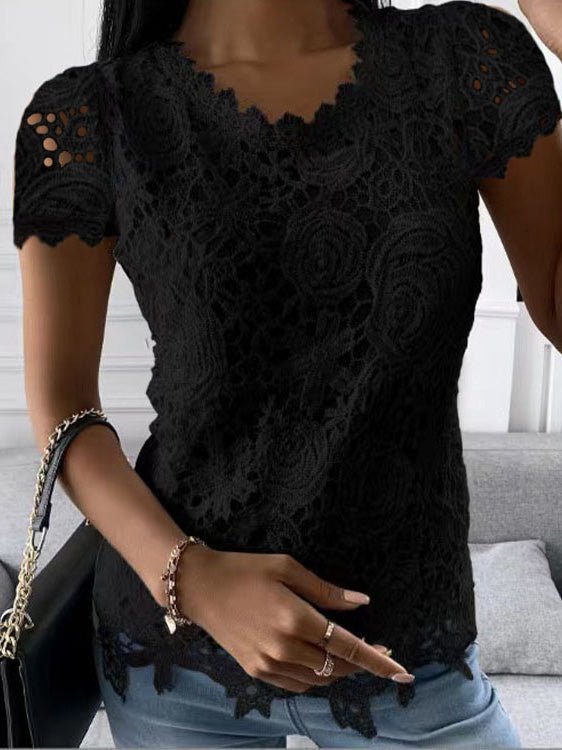 Women's T-Shirts Lace Round Neck Short Sleeve T-Shirt - T-Shirts - Instastyled | Online Fashion Free Shipping Clothing, Dresses, Tops, Shoes - 08/08/2022 - 20-30 - color-black