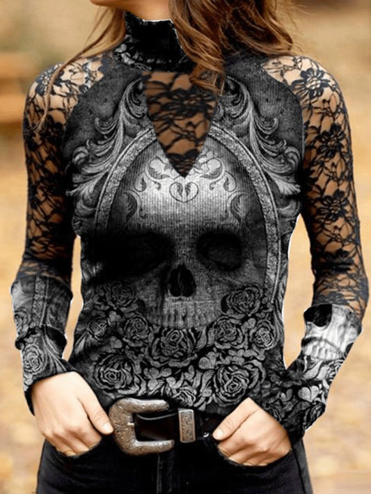 Women's T-Shirts Lace Skull Print Long Sleeve T-Shirt - T-Shirts - Instastyled | Online Fashion Free Shipping Clothing, Dresses, Tops, Shoes - 13/12/2021 - 20-30 - color-black