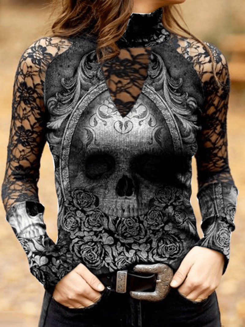 Women's T-Shirts Lace Skull Print Long Sleeve T-Shirt - T-Shirts - Instastyled | Online Fashion Free Shipping Clothing, Dresses, Tops, Shoes - 13/12/2021 - 20-30 - color-black