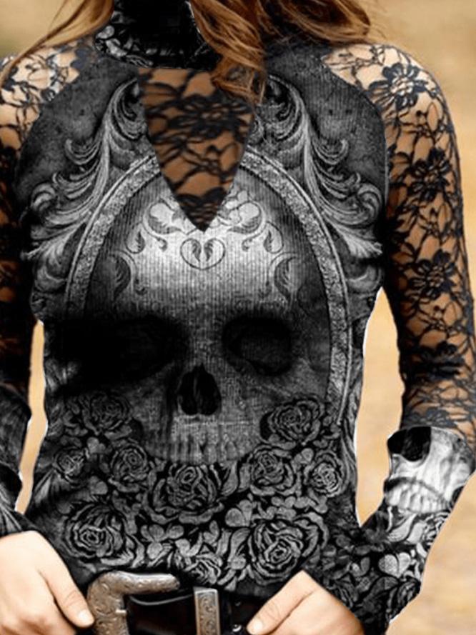 Women's T-Shirts Lace Skull Print Long Sleeve T-Shirt - T-Shirts - Instastyled | Online Fashion Free Shipping Clothing, Dresses, Tops, Shoes - 13/12/2021 - 20-30 - color-black