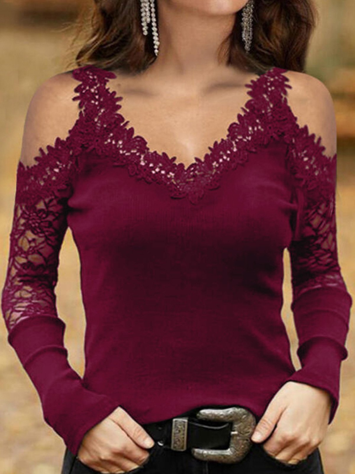 Women's T-Shirts Lace Sling V-Neck Mesh Off-Shoulder Long Sleeve T-Shirts - T-Shirts - INS | Online Fashion Free Shipping Clothing, Dresses, Tops, Shoes - 20-30 - 20/08/2021 - Category_T-Shirts