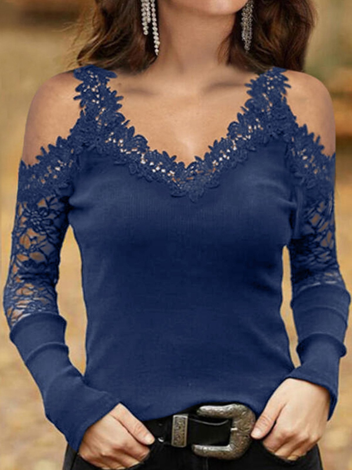 Women's T-Shirts Lace Sling V-Neck Mesh Off-Shoulder Long Sleeve T-Shirts - T-Shirts - INS | Online Fashion Free Shipping Clothing, Dresses, Tops, Shoes - 20-30 - 20/08/2021 - Category_T-Shirts