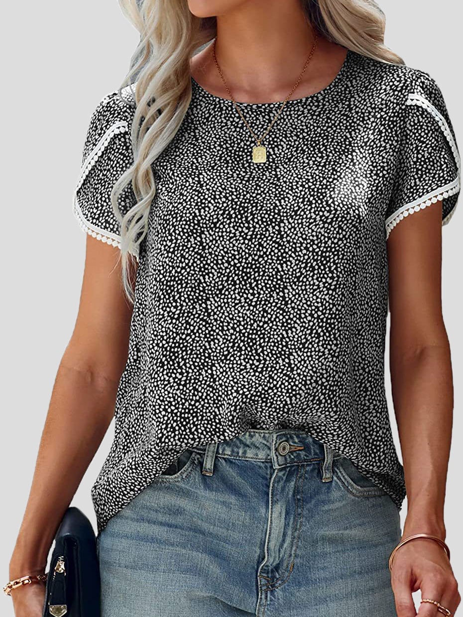 Women's T-Shirts Lace Stitching Polka Dot Short Sleeve T-Shirt - T-Shirts - Instastyled | Online Fashion Free Shipping Clothing, Dresses, Tops, Shoes - 07/01/2022 - 20-30 - color-black