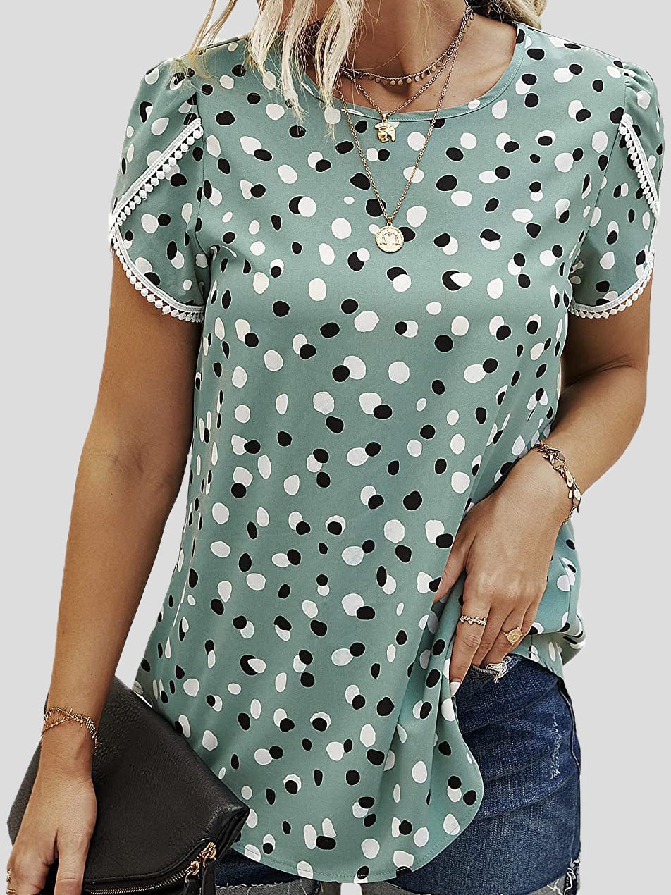 Women's T-Shirts Lace Stitching Polka Dot Short Sleeve T-Shirt - T-Shirts - Instastyled | Online Fashion Free Shipping Clothing, Dresses, Tops, Shoes - 07/01/2022 - 20-30 - color-black