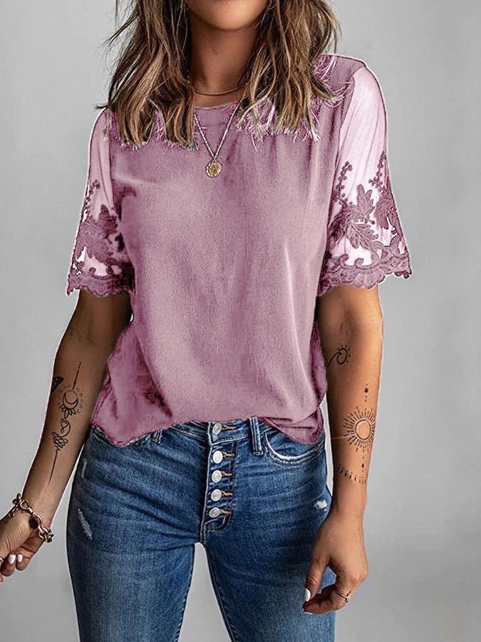 Women's T-Shirts Lace Stitching Round Neck Short Sleeve T-Shirt - T-Shirts - Instastyled | Online Fashion Free Shipping Clothing, Dresses, Tops, Shoes - 14/02/2022 - 20-30 - color-army_green