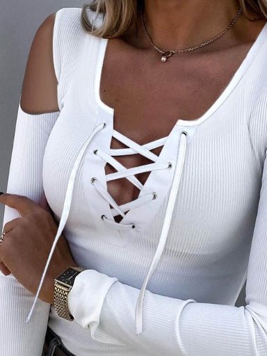 Women's T-Shirts Lace-Up Off-Shoulder Long Sleeve T-Shirt - T-Shirts - Instastyled | Online Fashion Free Shipping Clothing, Dresses, Tops, Shoes - 10/03/2022 - 20-30 - color-black