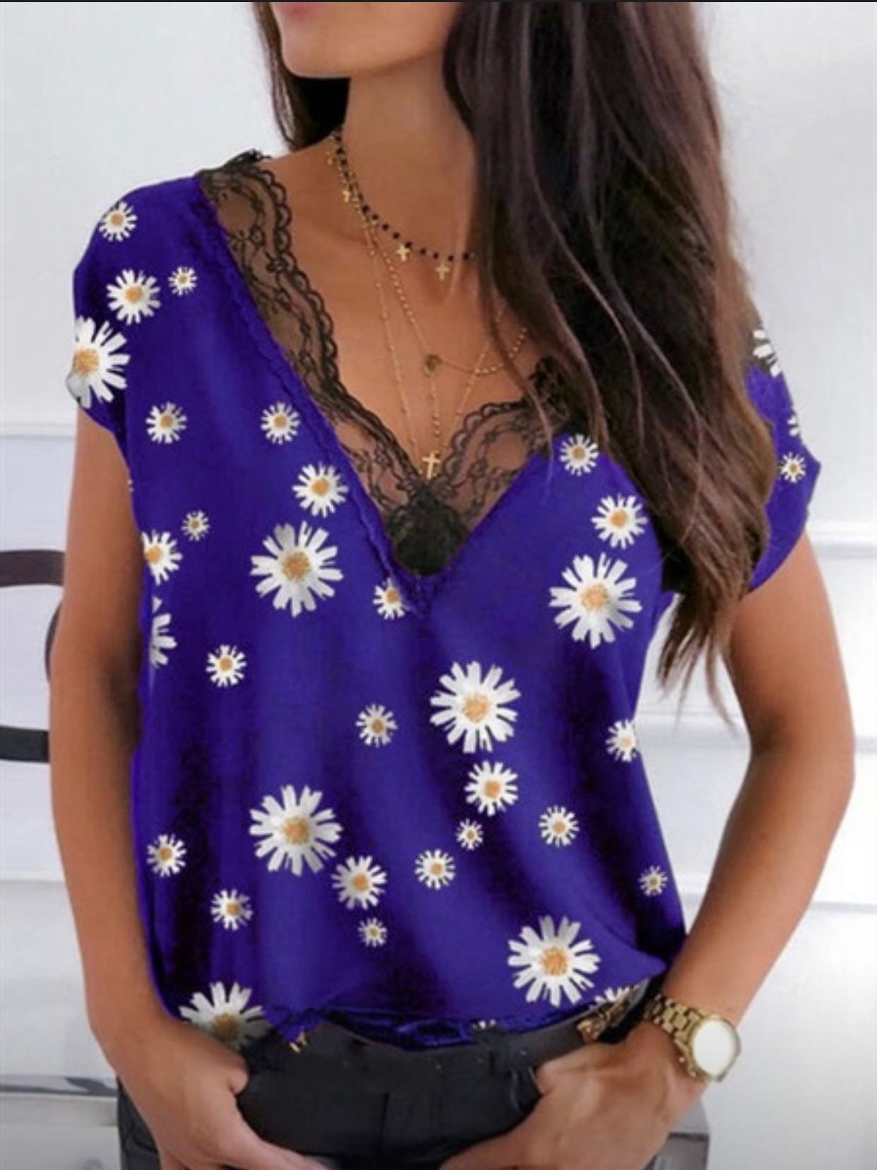 Women's T-Shirts Lace V-Neck Chrysanthemum Short Sleeve T-Shirt - T-Shirts - Instastyled | Online Fashion Free Shipping Clothing, Dresses, Tops, Shoes - 20-30 - 30/12/2021 - color-black