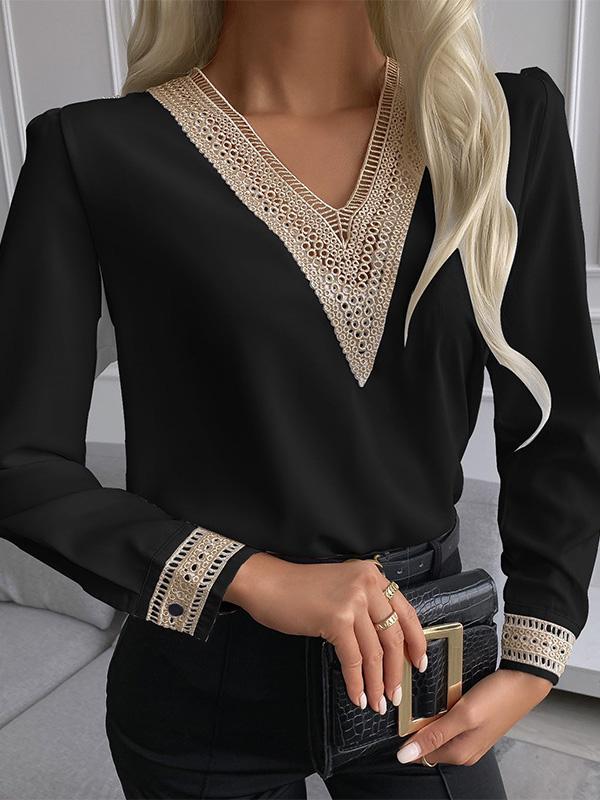 Women's T-Shirts Lace V-Neck Long Sleeve Slim T-Shirts - T-Shirts - INS | Online Fashion Free Shipping Clothing, Dresses, Tops, Shoes - 09/08/2021 - 20-30 - Category_T-Shirts