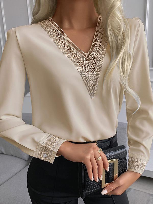 Women's T-Shirts Lace V-Neck Long Sleeve Slim T-Shirts - T-Shirts - INS | Online Fashion Free Shipping Clothing, Dresses, Tops, Shoes - 09/08/2021 - 20-30 - Category_T-Shirts