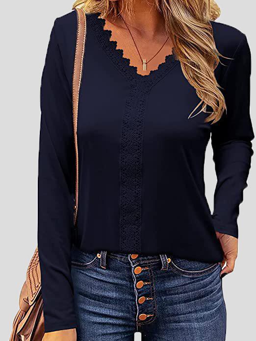 Women's T-Shirts Lace V-Neck Long Sleeve T-Shirt - T-Shirts - INS | Online Fashion Free Shipping Clothing, Dresses, Tops, Shoes - 10/11/2021 - 20-30 - color-bean_paste