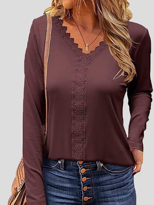 Women's T-Shirts Lace V-Neck Long Sleeve T-Shirt - T-Shirts - INS | Online Fashion Free Shipping Clothing, Dresses, Tops, Shoes - 10/11/2021 - 20-30 - color-bean_paste