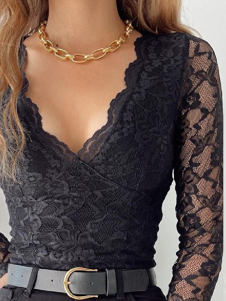 Women's T-Shirts Lace V-Neck Long Sleeve T-Shirt - T-Shirts - Instastyled | Online Fashion Free Shipping Clothing, Dresses, Tops, Shoes - 30-40 - color-black - Color_Black