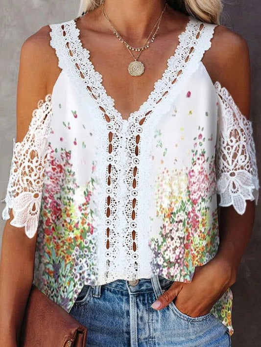 Women's T-Shirts Lace V-Neck Print Off-Shoulder Mid-Sleeve T-Shirt - T-Shirts - Instastyled | Online Fashion Free Shipping Clothing, Dresses, Tops, Shoes - 20-30 - 29/03/2022 - color-white