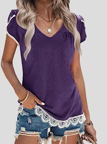 Women's T-Shirts Lace V-Neck Short Sleeve T-Shirt - T-Shirts - Instastyled | Online Fashion Free Shipping Clothing, Dresses, Tops, Shoes - 20-30 - 29/06/2022 - color-black