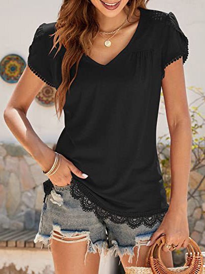 Women's T-Shirts Lace V-Neck Short Sleeve T-Shirt - T-Shirts - Instastyled | Online Fashion Free Shipping Clothing, Dresses, Tops, Shoes - 20-30 - 29/06/2022 - color-black