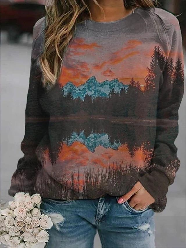 Women's T-Shirts Landscape Print Round Neck Long Sleeve T-Shirt - T-Shirts - INS | Online Fashion Free Shipping Clothing, Dresses, Tops, Shoes - 20-30 - 23/11/2021 - color-black