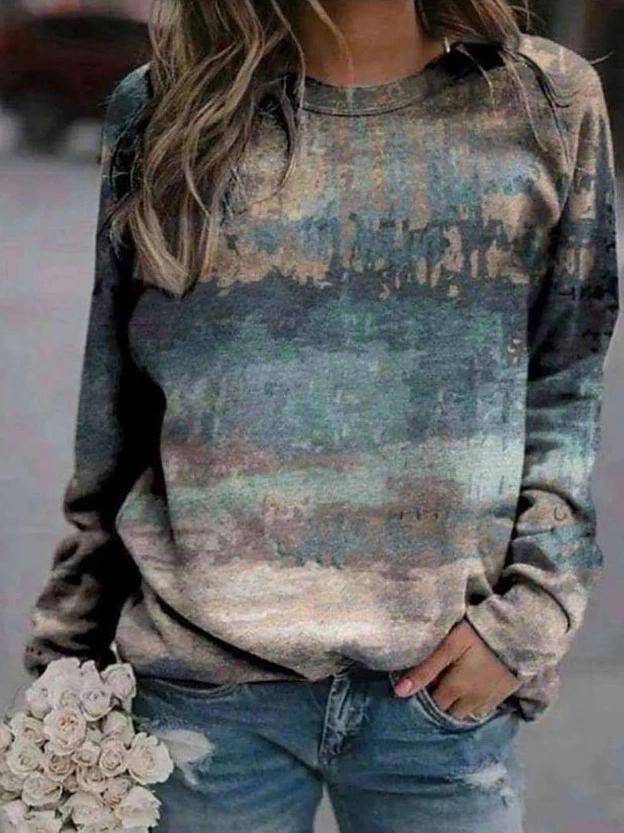 Women's T-Shirts Landscape Print Round Neck Long Sleeve T-Shirt - T-Shirts - INS | Online Fashion Free Shipping Clothing, Dresses, Tops, Shoes - 20-30 - 23/11/2021 - color-black