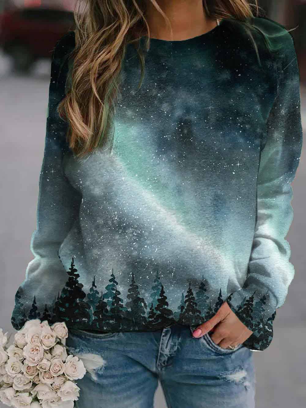 Women's T-Shirts Landscape Print Round Neck Long Sleeve T-Shirt - T-Shirts - INS | Online Fashion Free Shipping Clothing, Dresses, Tops, Shoes - 20-30 - 23/11/2021 - color-black