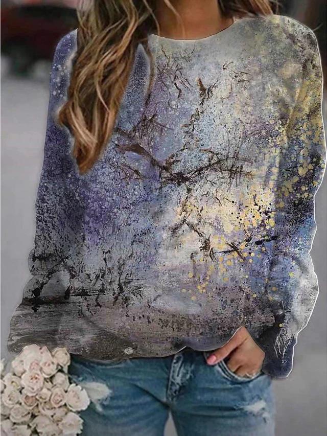 Women's T-Shirts Landscape Print Round Neck Long Sleeve T-Shirt - T-Shirts - INS | Online Fashion Free Shipping Clothing, Dresses, Tops, Shoes - 20-30 - 23/11/2021 - color-black