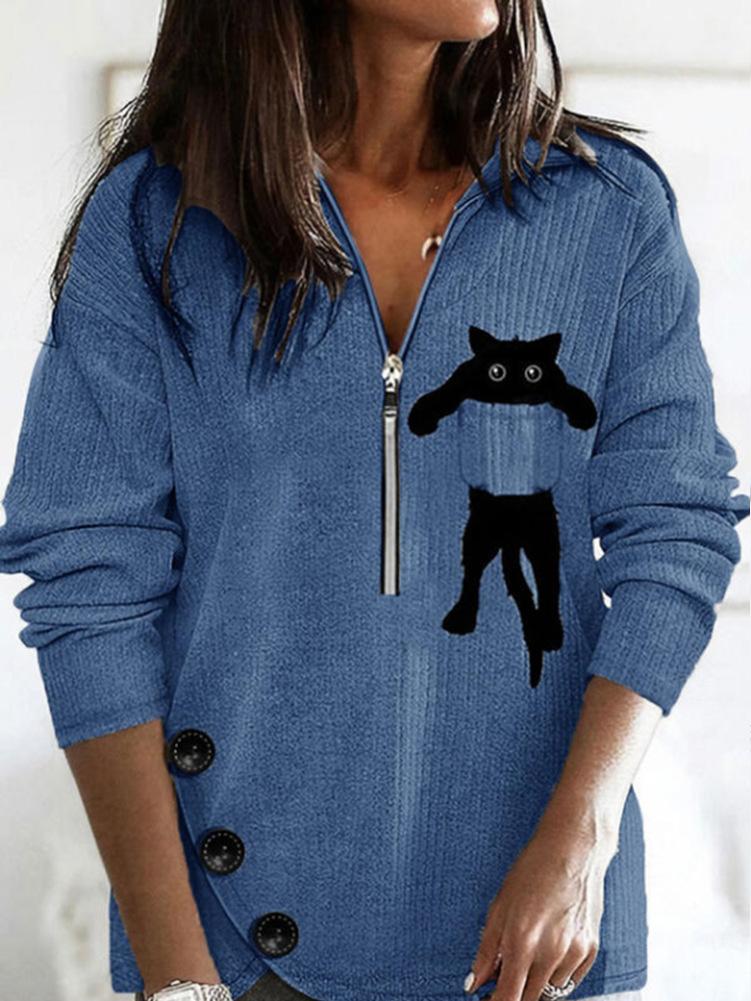 Women's T-Shirts Lapel Cat Zip Long Sleeve Knit T-Shirts - T-Shirts - INS | Online Fashion Free Shipping Clothing, Dresses, Tops, Shoes - 06/09/2021 - 20-30 - Category_T-Shirts