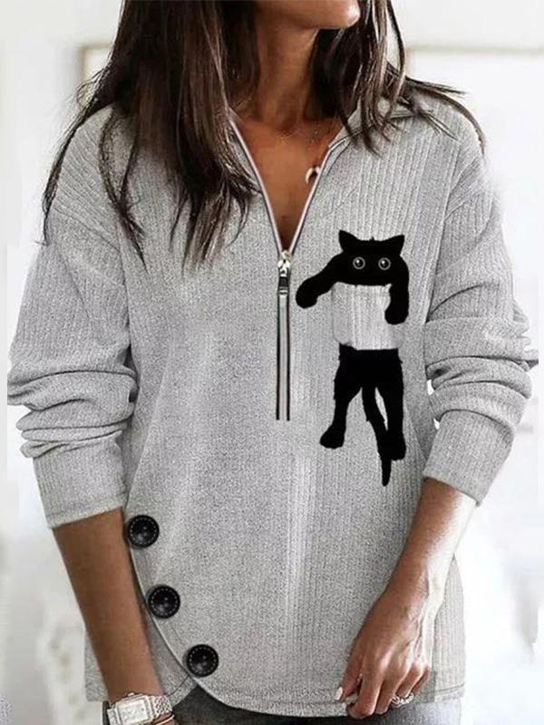 Women's T-Shirts Lapel Cat Zip Long Sleeve Knit T-Shirts - T-Shirts - INS | Online Fashion Free Shipping Clothing, Dresses, Tops, Shoes - 06/09/2021 - 20-30 - Category_T-Shirts