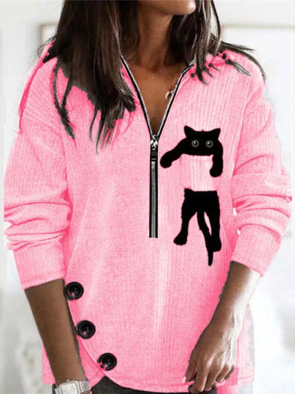 Women's T-Shirts Lapel Cat Zip Long Sleeve Knit T-Shirts - T-Shirts - INS | Online Fashion Free Shipping Clothing, Dresses, Tops, Shoes - 06/09/2021 - 20-30 - Category_T-Shirts