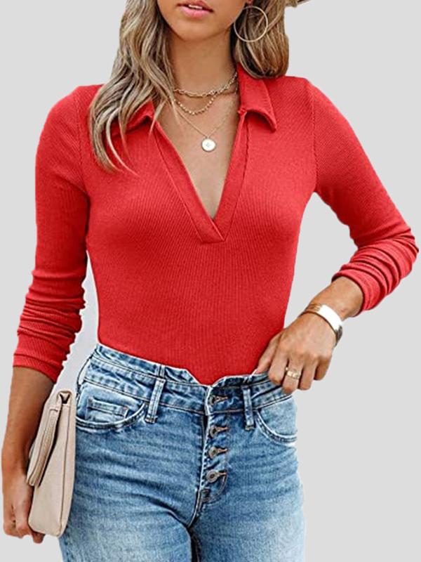 Women's T-Shirts Lapel Slim Long Sleeve Knit T-Shirt - T-Shirts - Instastyled | Online Fashion Free Shipping Clothing, Dresses, Tops, Shoes - 09/12/2021 - 20-30 - color-black