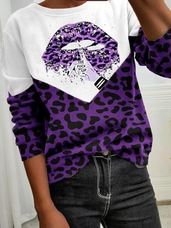 Women's T-Shirts Leopard Lip Print Round Neck Long Sleeve T-Shirt - T-Shirts - INS | Online Fashion Free Shipping Clothing, Dresses, Tops, Shoes - 11/08/2021 - 20-30 - Category_T-Shirts