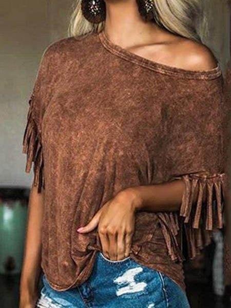 Women's T-Shirts Leopard Print Fringe Short Sleeve T-Shirt - T-Shirts - Instastyled | Online Fashion Free Shipping Clothing, Dresses, Tops, Shoes - 15/03/2022 - 20-30 - color-brown