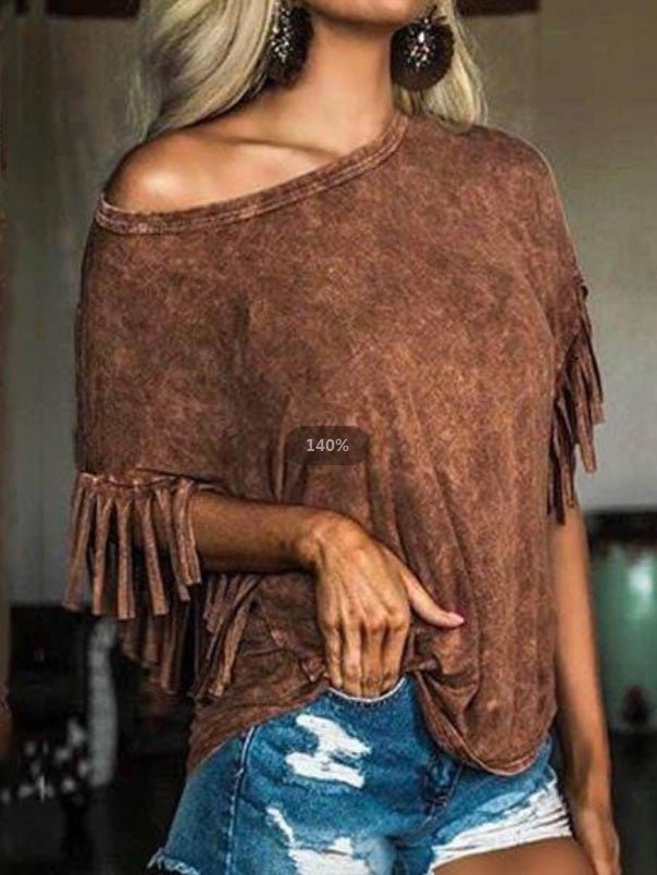 Women's T-Shirts Leopard Print Fringe Short Sleeve T-Shirt - T-Shirts - Instastyled | Online Fashion Free Shipping Clothing, Dresses, Tops, Shoes - 15/03/2022 - 20-30 - color-brown