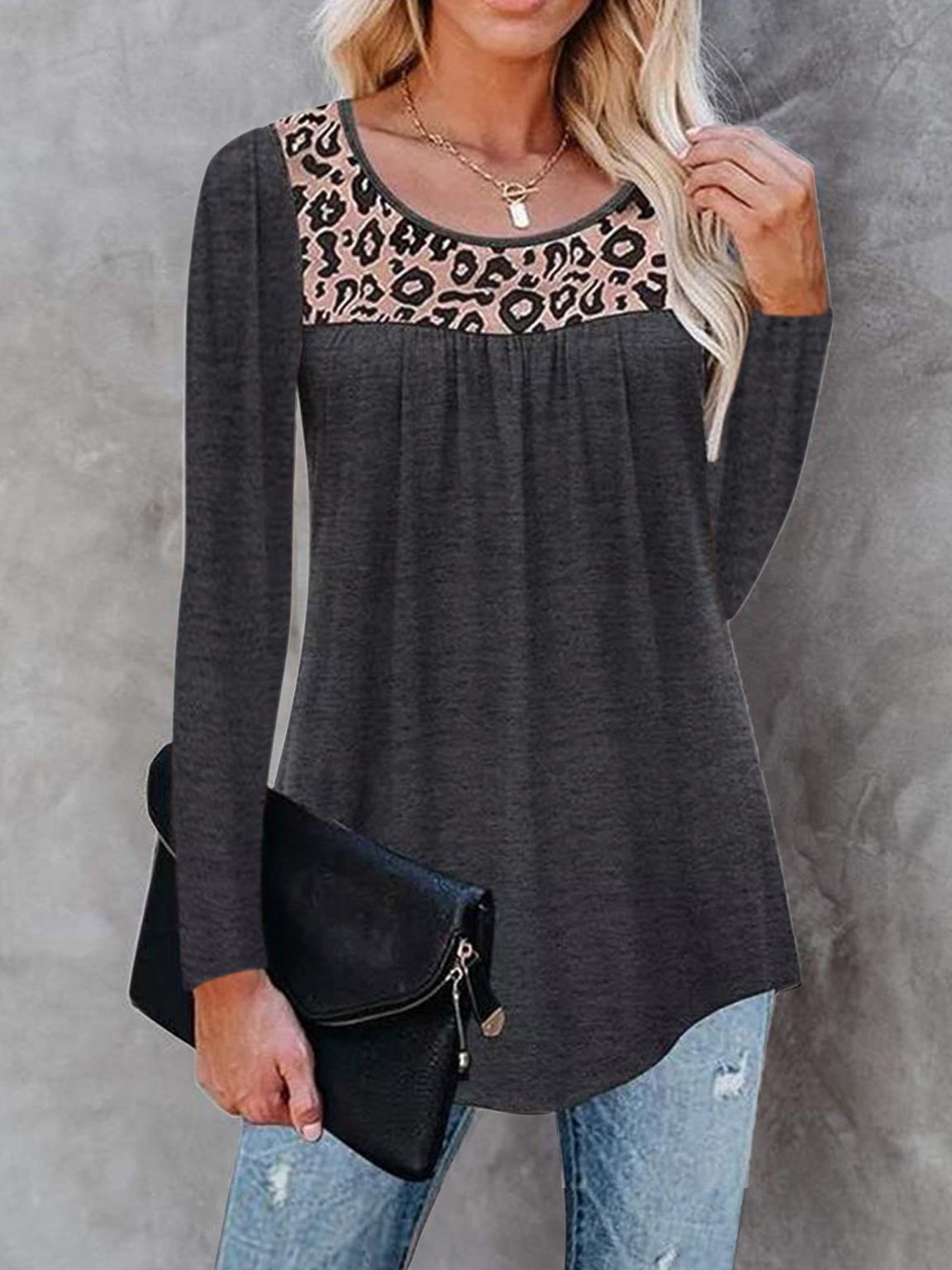 Women's T-Shirts Leopard Print Round Neck Long Sleeve T-Shirt - T-Shirts - INS | Online Fashion Free Shipping Clothing, Dresses, Tops, Shoes - 08/09/2021 - 10-20 - Category_T-Shirts