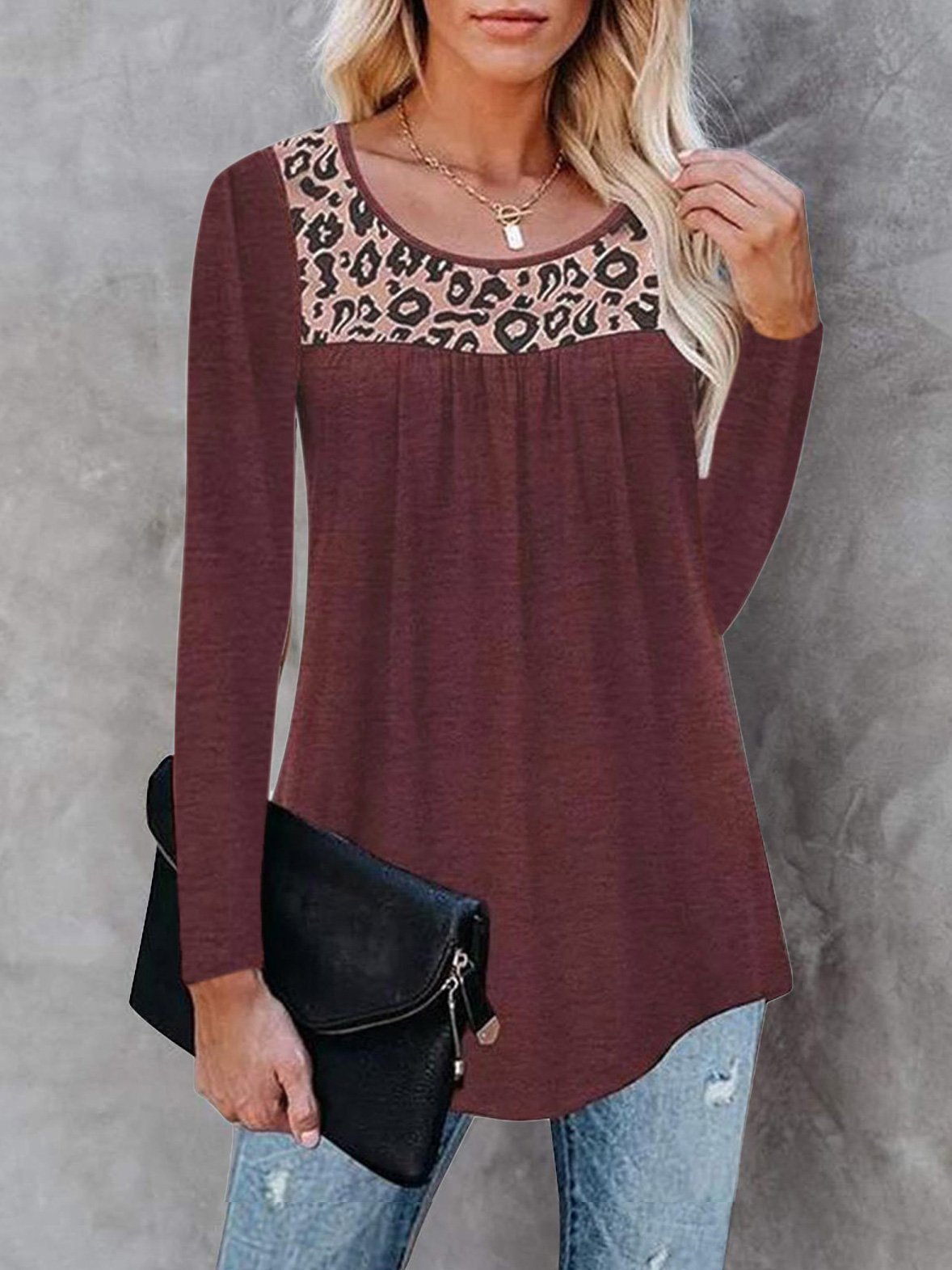 Women's T-Shirts Leopard Print Round Neck Long Sleeve T-Shirt - T-Shirts - INS | Online Fashion Free Shipping Clothing, Dresses, Tops, Shoes - 08/09/2021 - 10-20 - Category_T-Shirts