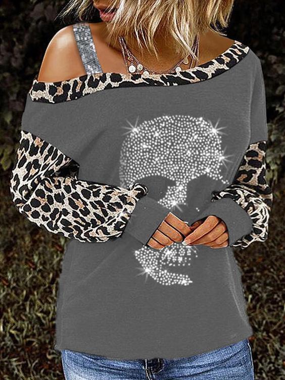 Women's T-Shirts Leopard-Print Stitching Off-Shoulder Skull Long Sleeve T-Shirt - T-Shirts - INS | Online Fashion Free Shipping Clothing, Dresses, Tops, Shoes - 08/09/2021 - 20-30 - Category_T-Shirts