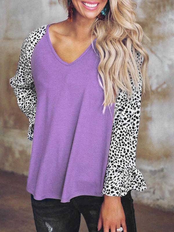 Women's T-Shirts Leopard Print Stitching V-Neck Long Sleeve T-Shirt - T-Shirts - INS | Online Fashion Free Shipping Clothing, Dresses, Tops, Shoes - 17/09/2021 - 20-30 - Category_T-Shirts