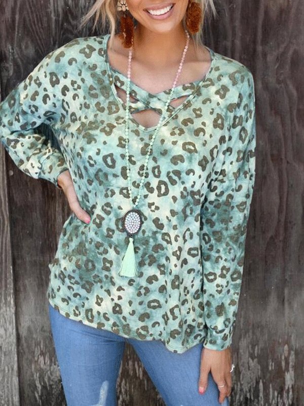 Women's T-Shirts Leopard Print V-Neck Long Sleeve T-Shirt - T-Shirts - INS | Online Fashion Free Shipping Clothing, Dresses, Tops, Shoes - 09/10/2021 - 20-30 - color-coffee