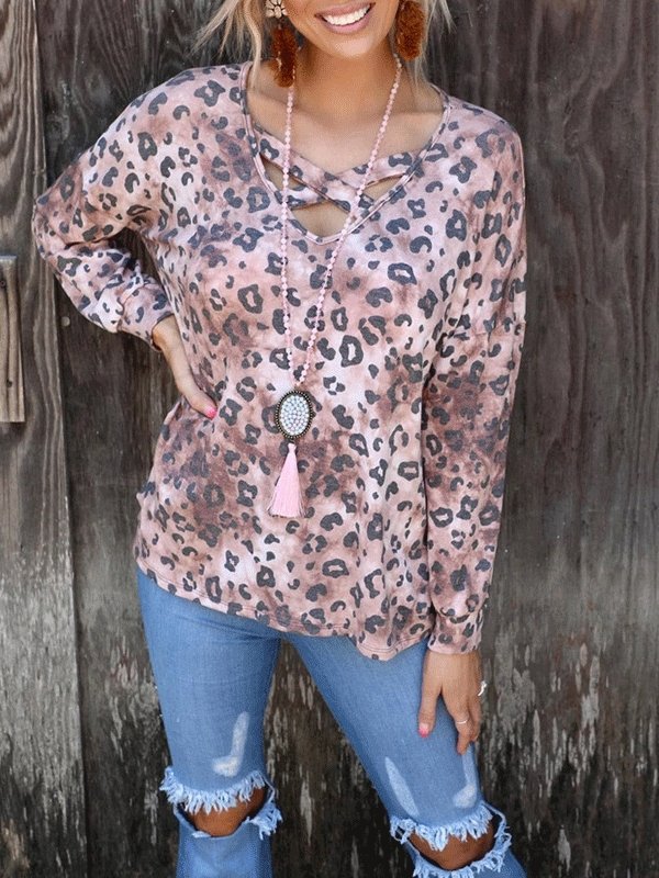 Women's T-Shirts Leopard Print V-Neck Long Sleeve T-Shirt - T-Shirts - INS | Online Fashion Free Shipping Clothing, Dresses, Tops, Shoes - 09/10/2021 - 20-30 - color-coffee