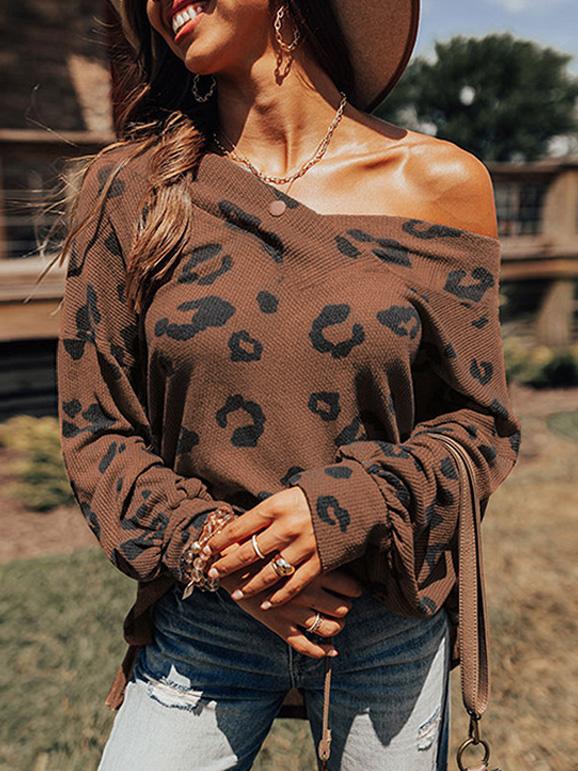 Women's T-Shirts Leopard Print V-Neck Long Sleeve T-Shirt - T-Shirts - Instastyled | Online Fashion Free Shipping Clothing, Dresses, Tops, Shoes - 14/12/2021 - 20-30 - color-brown