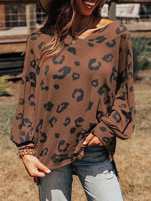 Women's T-Shirts Leopard Print V-Neck Long Sleeve T-Shirt - T-Shirts - Instastyled | Online Fashion Free Shipping Clothing, Dresses, Tops, Shoes - 14/12/2021 - 20-30 - color-brown