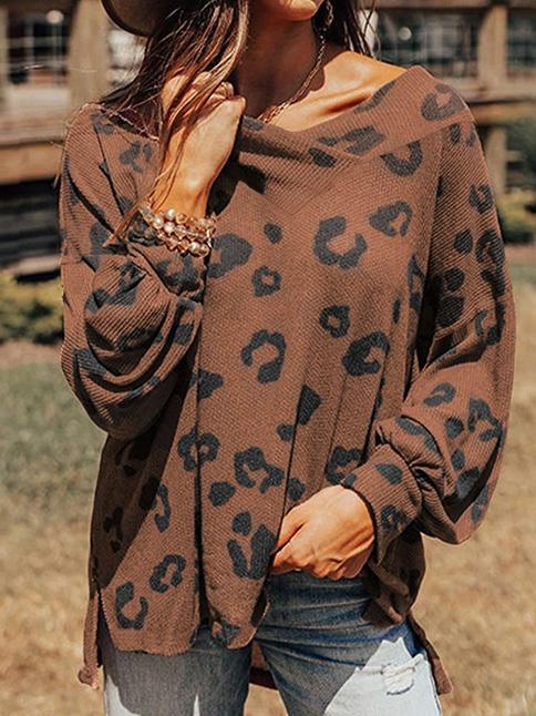 Women's T-Shirts Leopard Print V-Neck Long Sleeve T-Shirt - T-Shirts - Instastyled | Online Fashion Free Shipping Clothing, Dresses, Tops, Shoes - 14/12/2021 - 20-30 - color-brown