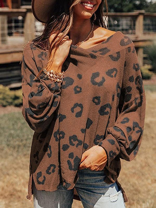 Women's T-Shirts Leopard Print V-Neck Long Sleeve T-Shirt - T-Shirts - Instastyled | Online Fashion Free Shipping Clothing, Dresses, Tops, Shoes - 14/12/2021 - 20-30 - color-brown