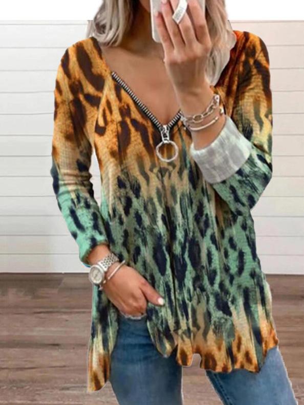 Women's T-Shirts Leopard Print V-Neck Zipper Long Sleeve T-Shirt - T-Shirts - INS | Online Fashion Free Shipping Clothing, Dresses, Tops, Shoes - 17/09/2021 - 20-30 - Category_T-Shirts