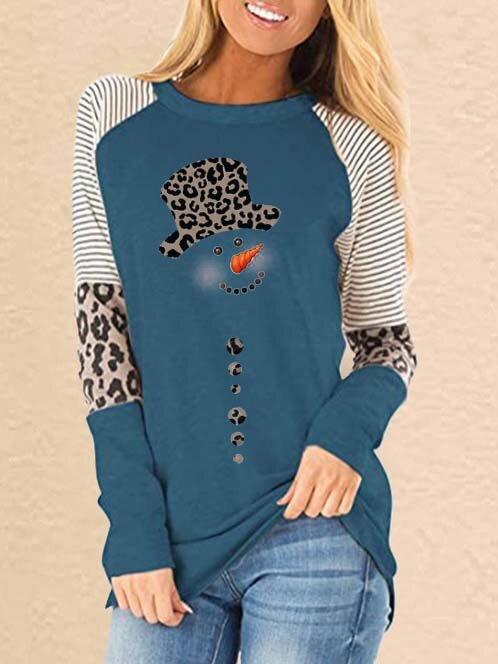 Women's T-Shirts Leopard Snowman Print Round Neck Long Sleeve T-Shirt - T-Shirts - INS | Online Fashion Free Shipping Clothing, Dresses, Tops, Shoes - 10-20 - 16/11/2021 - color-blue