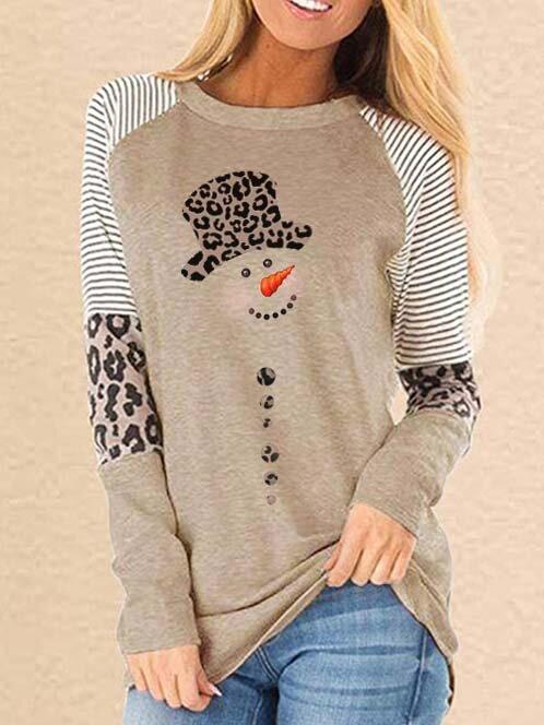 Women's T-Shirts Leopard Snowman Print Round Neck Long Sleeve T-Shirt - T-Shirts - INS | Online Fashion Free Shipping Clothing, Dresses, Tops, Shoes - 10-20 - 16/11/2021 - color-blue