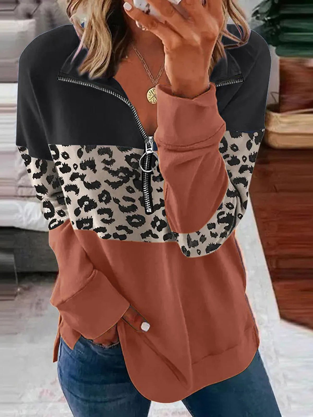 Women's T-Shirts Leopard Splicing Zipper Long Sleeve T-Shirt - T-Shirts - Instastyled | Online Fashion Free Shipping Clothing, Dresses, Tops, Shoes - 01/09/2022 - 30-40 - color-black